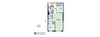 A floor plan for Wright Block Residences showing the layout of Unit 209 with two bedrooms and two bathrooms.