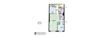 A floor plan for Wright Block Residences showing the layout of the rooms and their respective sizes.