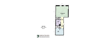 A floor plan for Wright Block Residences showing the layout of a unit with a living/kitchen area, bathroom, bedroom, and hallway.