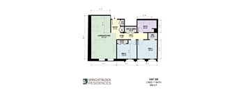 A floor plan for a residence with a living/kitchen area, two bedrooms, a bath, a hallway, a workshop, and a closet.