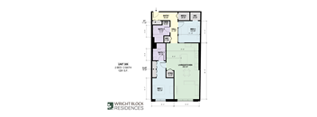 A floor plan for Wright Block Residences showing the layout of the rooms and their respective sizes.
