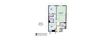 A floor plan for Unit 312 at Wright Block Residences, showing two bedrooms, two bathrooms, and a living/kitchen area.