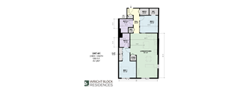 A floor plan for Wright Block Residences showing the layout of the rooms and their respective sizes.