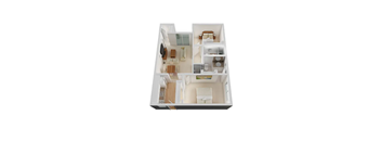 A white model of a house with a kitchen, living room, and bathroom.