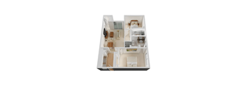 A white model of a house with a kitchen, living room, and bathroom.