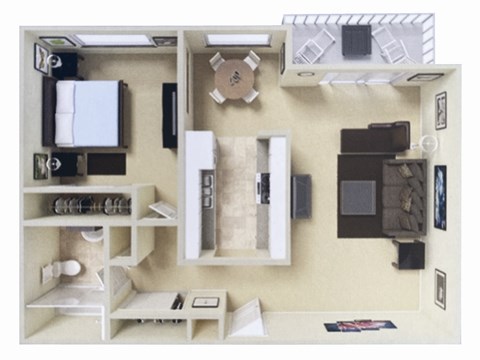 A dollhouse living room with furniture and appliances.