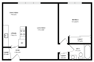 a blueprint of a floor plan with a bedroom and a living room