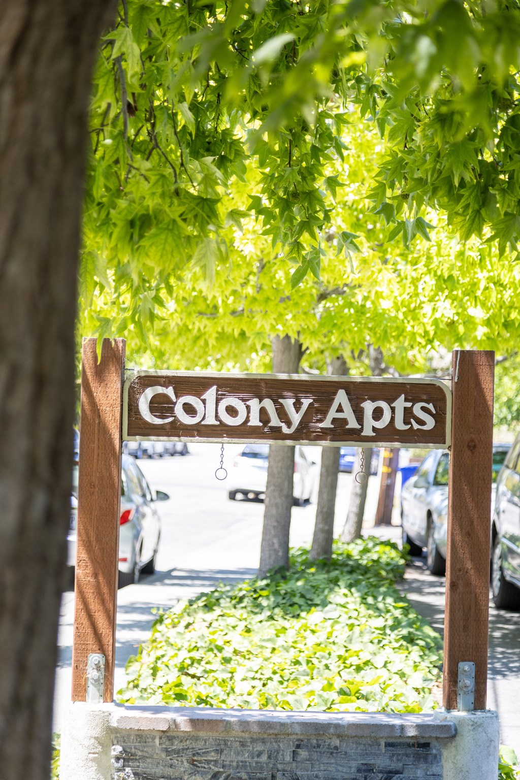 a sign that reads colony apts on a street