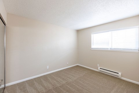 an empty bedroom with a window and carpeting