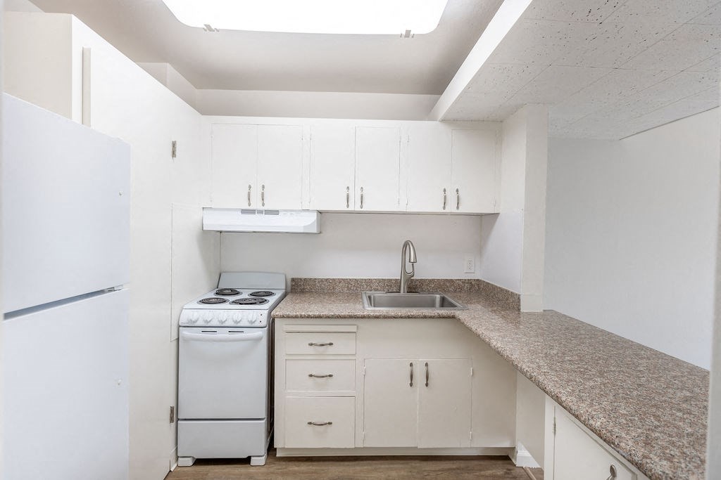 A kitchen with a white fridge, a white dishwasher, a sink, and a counter.