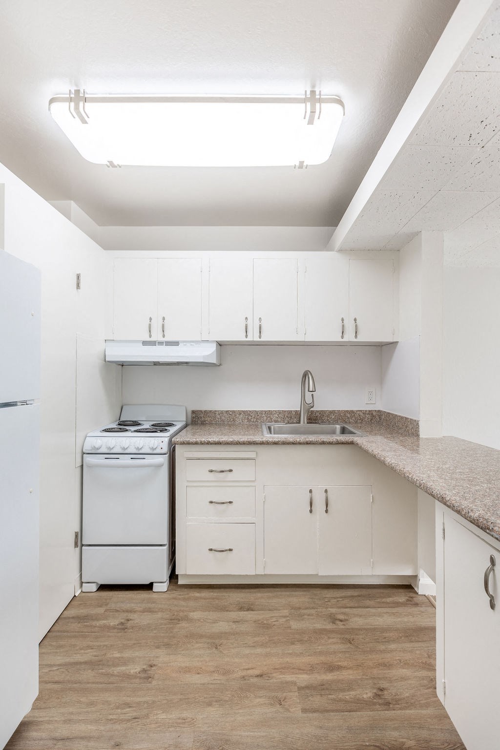 A small kitchen with a white fridge, dishwasher and sink.