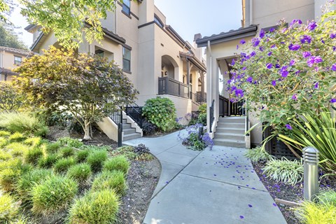 an apartment building with stairs and a sidewalk
