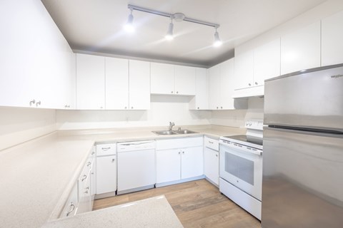A modern kitchen with white cabinets and stainless steel appliances.