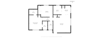 Floor plan for a home with a living room, dining area, kitchen, and two bedrooms.