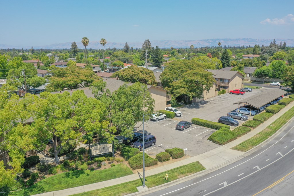 an aerial view of a neighborhood with houses and trees