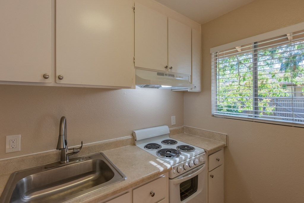a kitchen with a sink and stove and a window