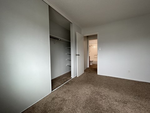a bedroom with a closet and a hallway to a bathroom