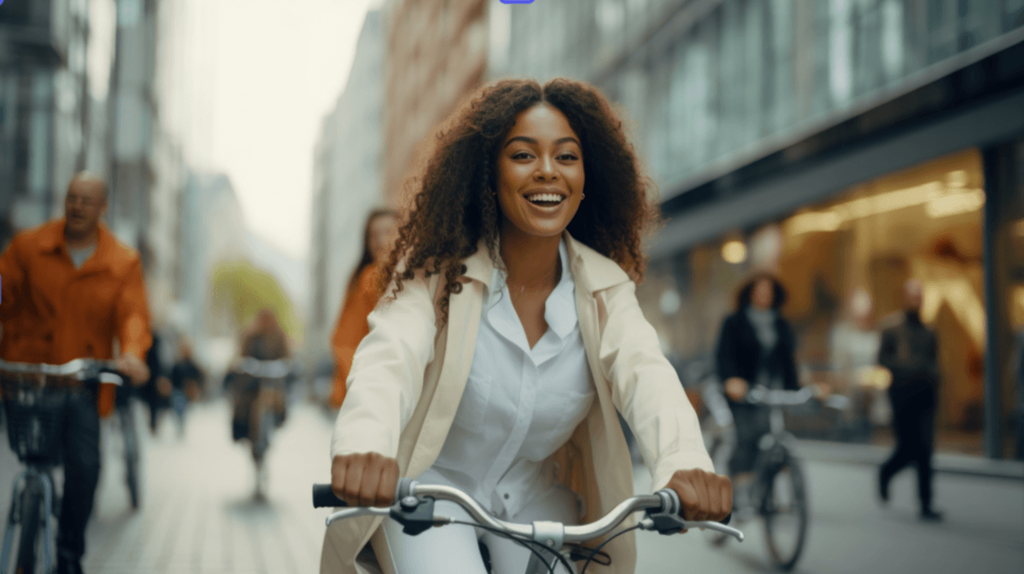 a woman riding a bike down a busy city street