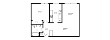 a floor plan of a studio apartment with a bedroom and a living room