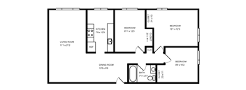 floor plan of a 1 bedroom floor plan with an open floor plan to the right
