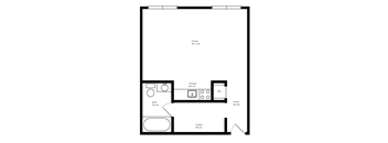 a floor plan of a 1 bedroom floor plan with a bathroom and a living room