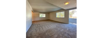 A room with a carpeted floor and two windows.