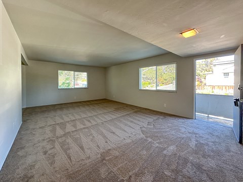 A spacious room with a carpeted floor and two windows.