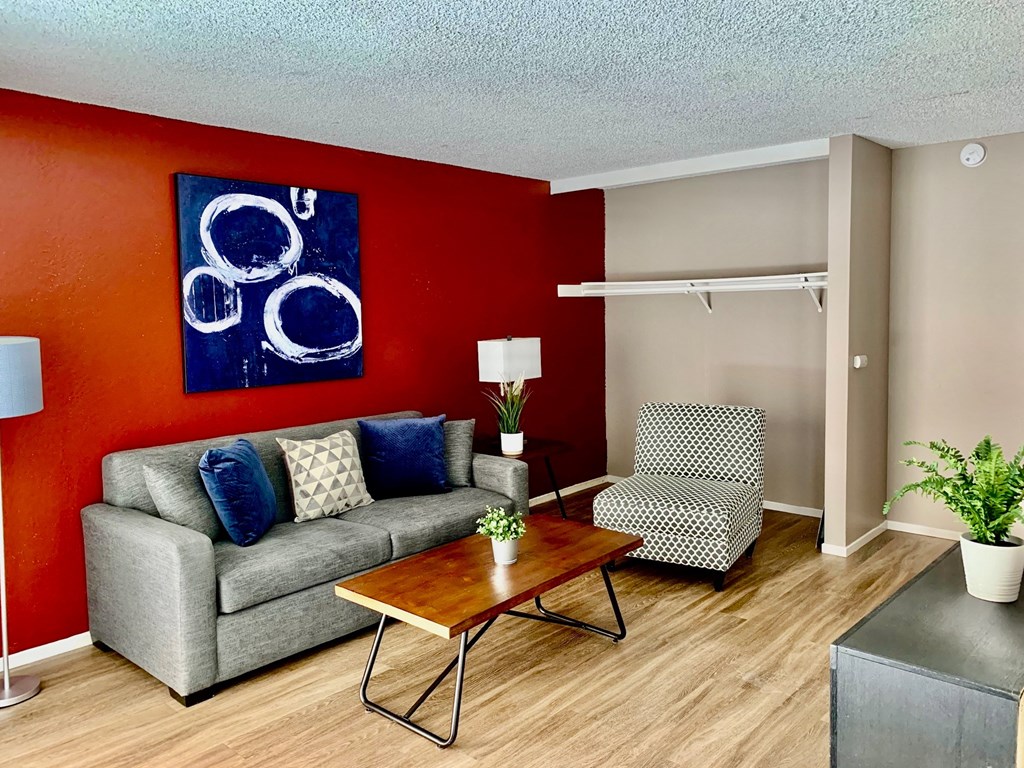 a living room with a couch and a coffee table