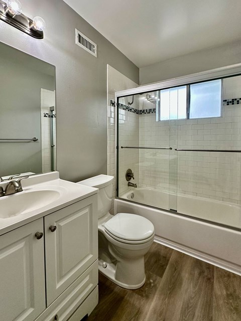 a bathroom with a shower toilet and sink