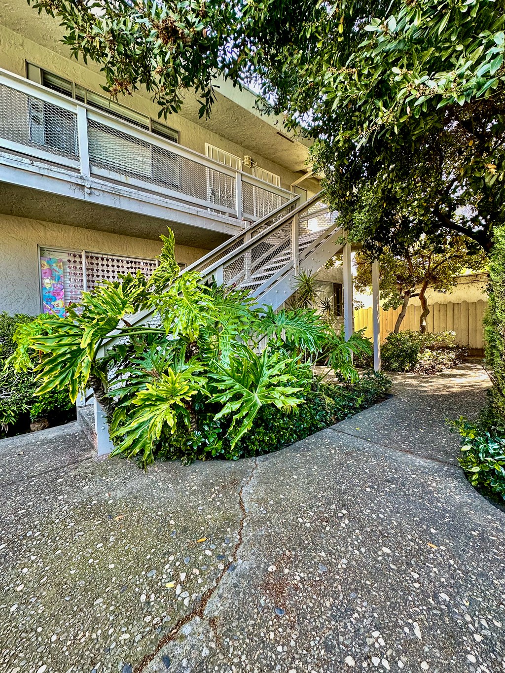 a building with a staircase and plants in front of it
