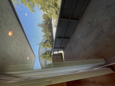 A view from the bottom of a staircase looking upwards.