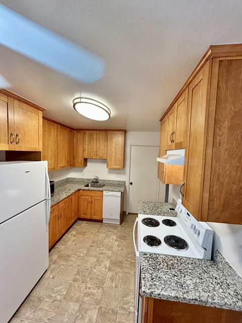 A kitchen with a white refrigerator, wooden cabinets, and a granite countertop.