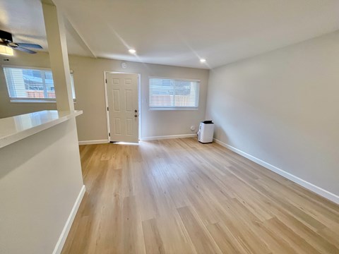 A room with wooden flooring and a white door.