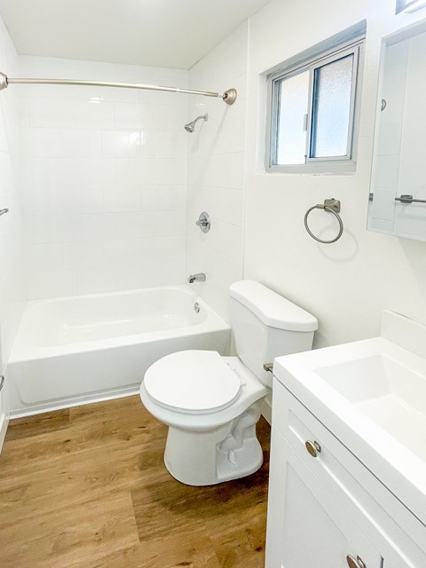 a bathroom with a toilet and a tub and a sink