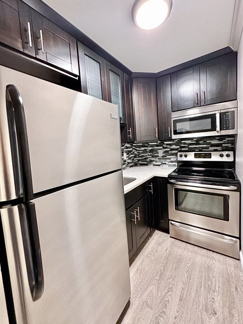 a kitchen with black cabinets and stainless steel appliances