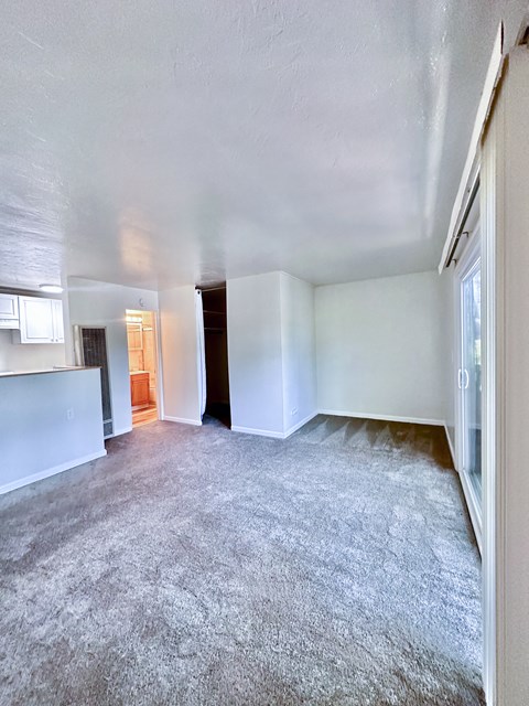 an empty living room with a kitchen in the background