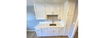 a kitchen with white cabinets and a sink