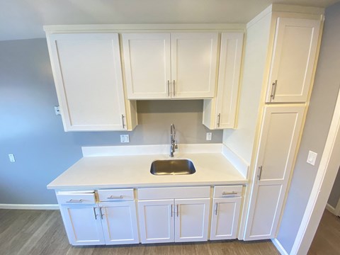 a kitchen with white cabinets and a sink