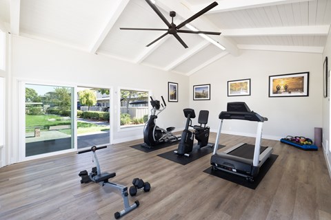 A spacious home gym with a treadmill, weights, and exercise equipment.