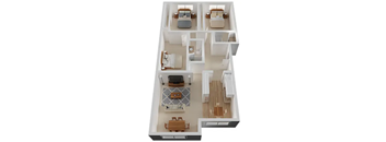 A 3D floor plan of a house with a kitchen, living room, and two bedrooms.