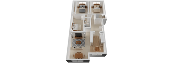 A 3D floor plan of a house with a kitchen, living room, and two bedrooms.