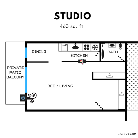 a floor plan of a studio with a bathroom and a living room