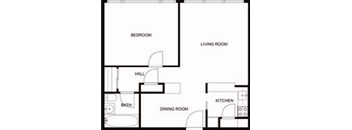the floor plan of a studio apartment with a kitchen and a living room