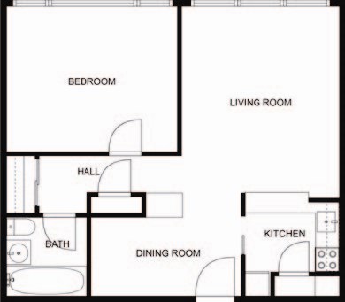 the floor plan of a studio apartment with a kitchen and a living room