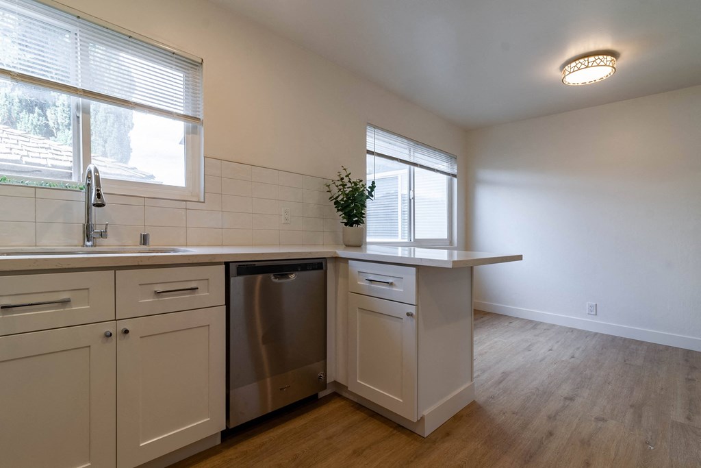 a kitchen with white cabinets and a stainless steel dishwasher