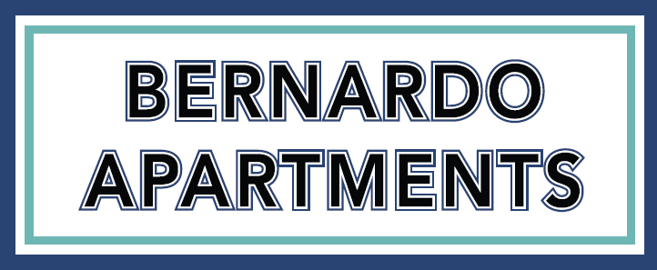 a pair of bernardo apartments logos on a white and blue background