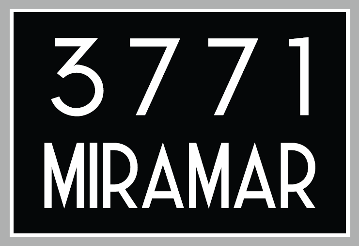 A black and white sign with the numbers 3771 and the word Miramar.