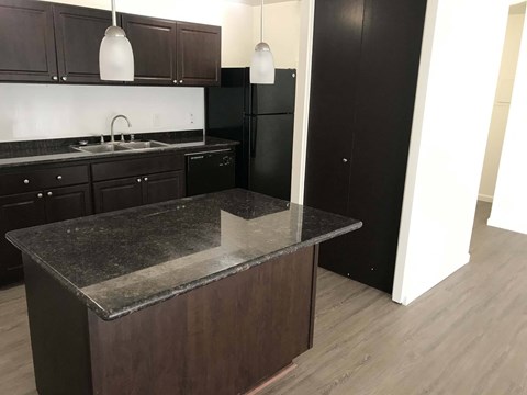 A kitchen with a black refrigerator and a black island.