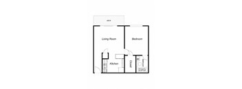 A floor plan of a small apartment with a living room, bedroom, kitchen, and bathroom.