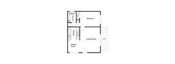 A floor plan of a living space with a bedroom, a kitchen, a dining area, and a living room.